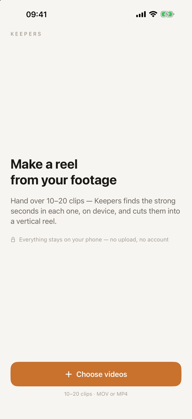 Start screen with a Choose videos button